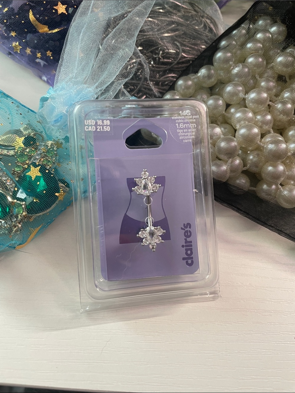 Claire’s 14g silver belly ring stainless steel CZ crystal NIB